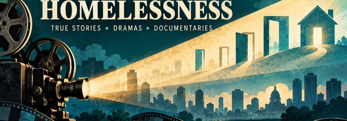 Illustrated film projector casting light across a city toward house-shaped doorways.